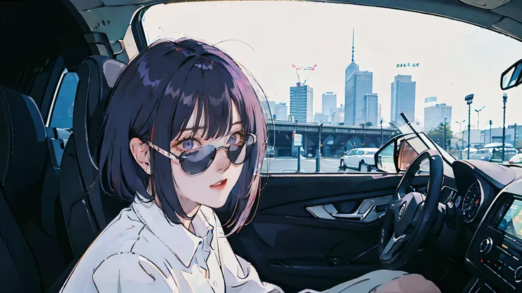 car、inside the car、driving seat、beautiful asian girl with purple hair, view of the city from the window, perfect face, sunglasse...