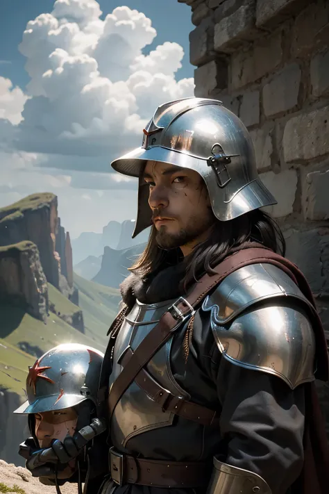 "8k" quality, the medieval knight alone on the cloudy mountain is holding his own helmet, and that helmet is full of blood.