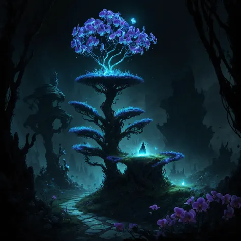 An exorcist-style ant hill, shrouded in an enigmatic aura, stands proudly amidst a breathtaking landscape adorned with beautiful orchids. The ant hills intricate, twisted structures exude an aura of mystery, with the iridescent sheen of its surface reflect...