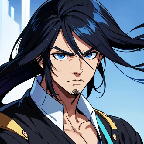 personagem masculino de cabelo preto e olho azul (beautiful and serious face) no estilo anime