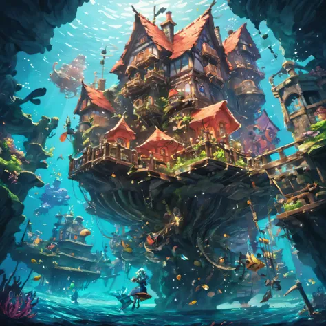 Color (Fantasy: 1.2), (Hayao Miyazaki style), (irregular building floating under the sea), patchwork cottages, Moss decorations, coral, lights, concept art inspired by Andreas Rocha, Artstation contest winner, Fantasy art, (underwater city), ross tran, lig...