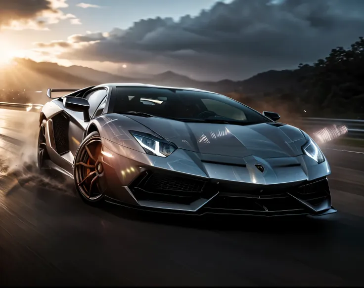 lamborghini aventador sv , color white, drifting chase, action shot, high speed, night life, heavy rain, lens flare, intricate, ...