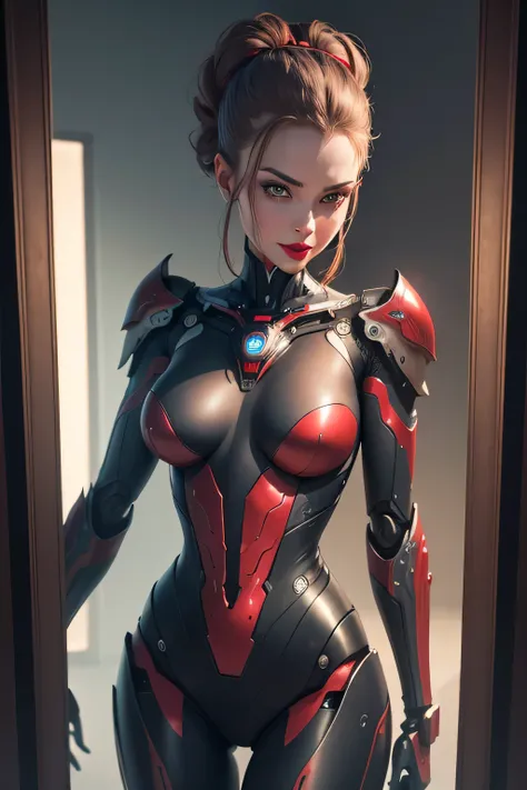 A female robot looking at her own reflection in a mirror　Mechanical body　In front of a large mirror, red lips, evil smile, UHD, retina, masterpiece, ccurate, anatomically correct, textured skin, super detail, high details, high quality, award winning, best...