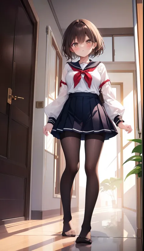 One Girl、Positive、Configuration from below、Full body portrait、Brown haired、Medium Haircut、blush、Absolute area、Knee socks、Knee-length、stockings、pantyhose、レースpantyhose、White underwear、No shoes、White pleated skirt、school uniform、Japanese high 、Summer clothes、...