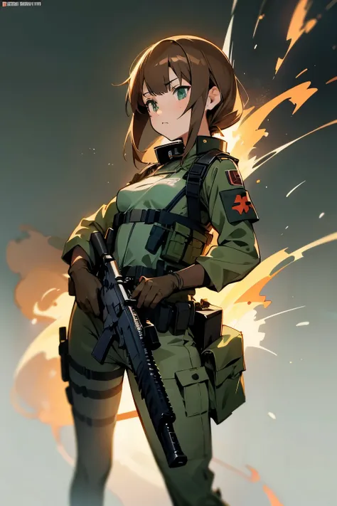 anime girl with brown hair, small breasts,  holding a submachine gun badass anime 8k, soldier girl, green military uniform, bulletproof vest, 4k anime style, 4k anime art wallpaper, 4k anime art wallpaper, , of a sniper girl in war, anime capture fire, inf...