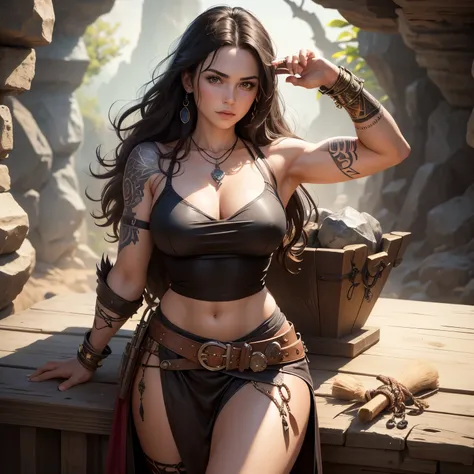 8k, masterpiece, best quality, realistic, higly detailed, cowboy shot, 1girl, female, solo, Beatrice Grasso, italian features, dnd, d&d, dungeons and dragons, dungeons & dragons, rpg, ttrp, human, barbarian, greataxe, necklace made from the claws of a youn...