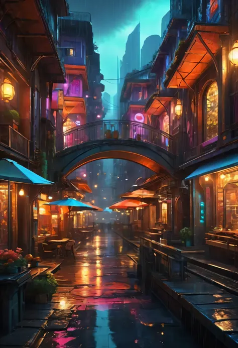 ((masterpiece)),((best quality)),((high detail)),((realistic,)) Futurist era city, deep gorges in the middle, architectural streets, bazaars, bridges, cyberpunk, European architecture, rainy night, neon, futuristic motorcycle