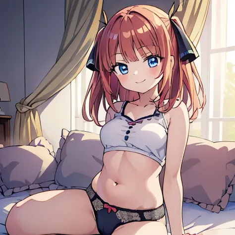 ((masterpiece)), ((best quality)), (ultra-detailed), anime style, on the bed, a cute girl, 1girl, solo, smile, underwear00