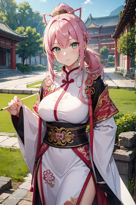 4k,High resolution,One Woman,Pink Hair,Long Ponytail,Green Eyes,Big Breasts,Ancient Chinese Generals,White ancient Chinese armor,Heavy Armor,Full Armor,White ancient Chinese dress,ancient chinese crown,Chinese Knife,ancient chinese castle town