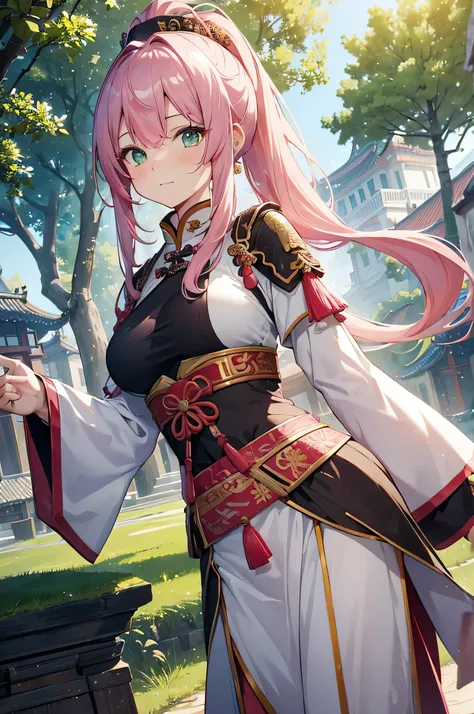 4k,High resolution,One Woman,Pink Hair,Long Ponytail,Green Eyes,Big Breasts,Ancient Chinese Generals,White ancient Chinese armor,Heavy Armor,Full Armor,ancient chinese crown,Long sword,ancient chinese castle town