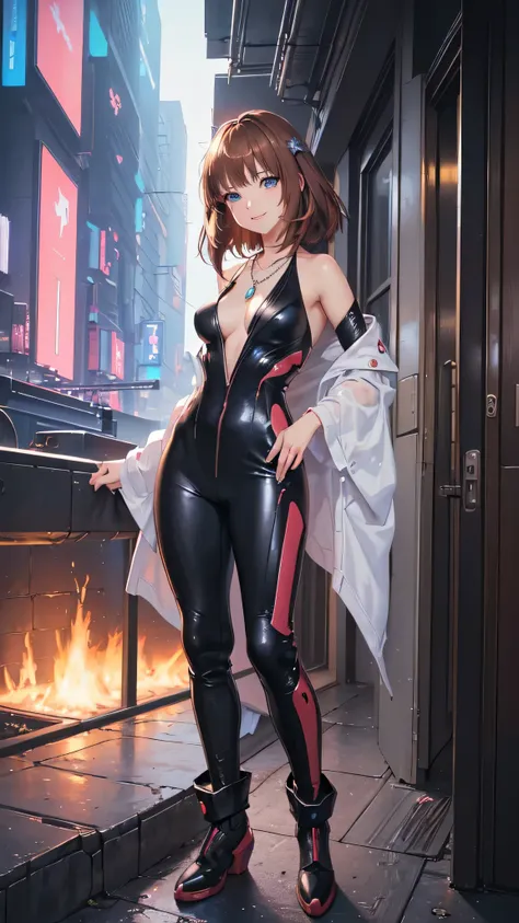 ((Final Fantasy (Yuna), young girl, 16 years old, full body, naked body, dark hair, light skin, scarlet lips, smile; black, expressive playful eyes, long eyelashes)). ((Anime girl with brown hair hair and white short firedress with necklace, beautiful char...