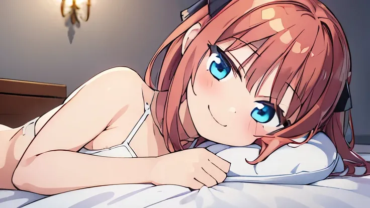 ((masterpiece)), ((best quality)), (ultra-detailed), anime style, on the bed, a cute girl, 1girl, solo, smile, underwear00