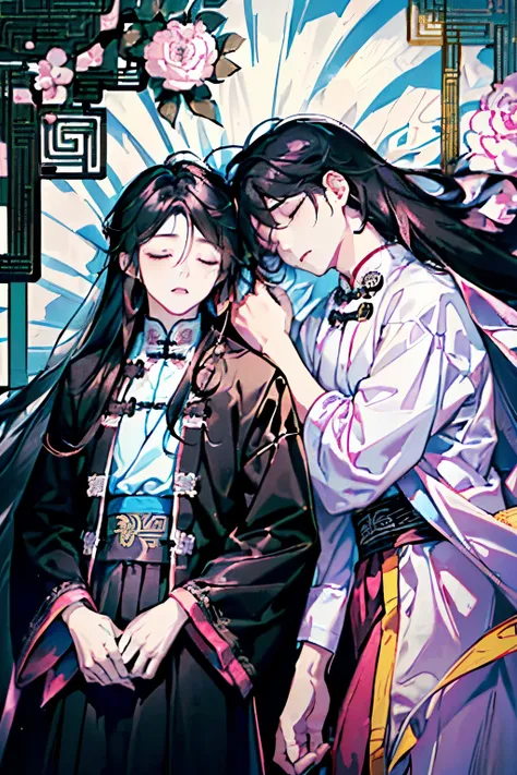 ((Two young men around 18 years old)),(Black Hair:1.3),(Long Hair:1.3),(Ancient Chinese style long-skirted scholar-like clothing:1.5),(Pink and white and yellow and light blue),((Close-up of face:1.1)),((luxurious bed:1.3)),((sleeping face:1.5))