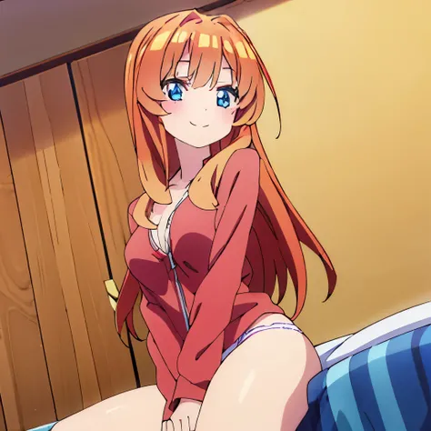 ((masterpiece)), ((best quality)), (ultra-detailed), anime style, on the bed, a cute girl, 1girl, solo, smile, underwear00