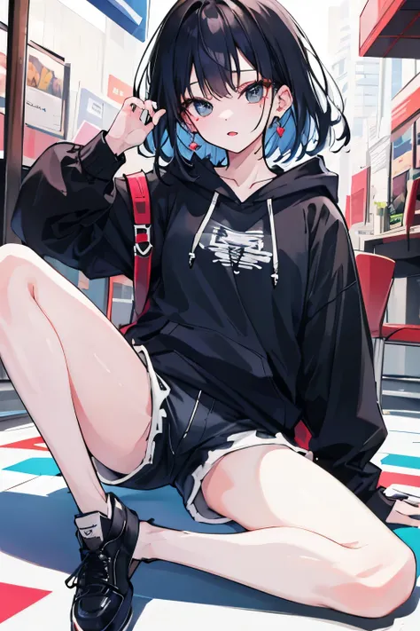 ((highest quality)), ((masterpiece)), (detailed), Perfect Face、
Black hair, black hoodie、Wearing shorts、girl