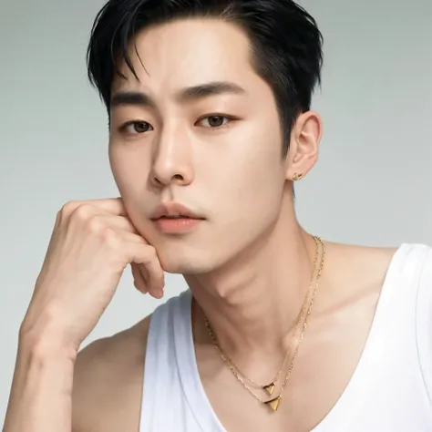 edgy Asian man in a white tank top and a gold necklace, Wonbin Lee, artista coreano, hyung tae, who is siwoo, Yanjun Chengt, Tae June Kim, Hong junho hyung, homem sul-coreano, hyung tae kim, Seseon Yoon, 27 anos de idade, inspirado em Joong Keun Lee, Shin ...