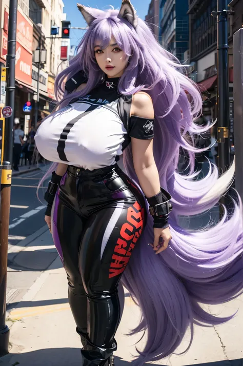 one women, wolf girl, wolf ears, wolf tail, Purple hair, strong, fixed object, Thick thighs, Big breasts, Muscular arms, Casual clothing, sfw, sexual, Full body, Masterpiece, Very detailed, shiny clothes, rubber, Tall women,