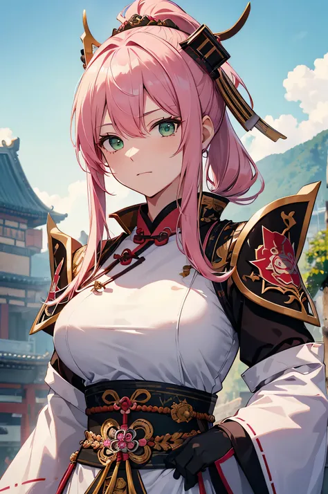 4k,High resolution,One Woman,Pink Hair,Long Ponytail,Green Eyes,Big Breasts,Ancient Chinese Generals,White ancient Chinese armor,Heavy Armor,Full Armor,Sideboob,ancient chinese crown,Long sword,ancient chinese castle town