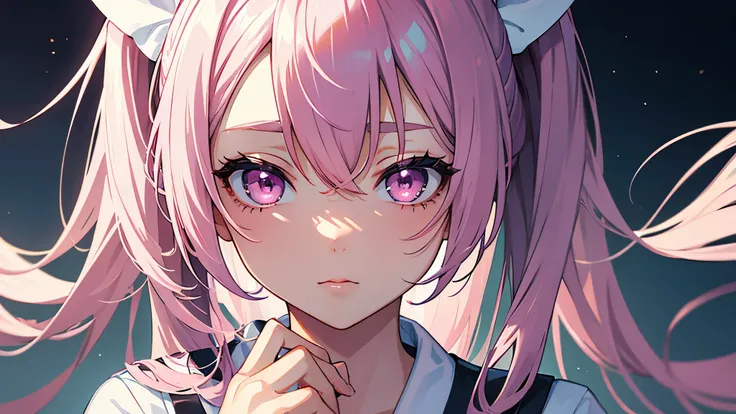 one girl, very beautiful face, beautiful eyes, detailed eyes, detailed face, detailed hair, masterpiece, anime girl, pink eyes, silver hair, kawaii, two pony tails, very young, big , pixiv, illustration, very high quality, masterpiece, , pink cheeks, looks...