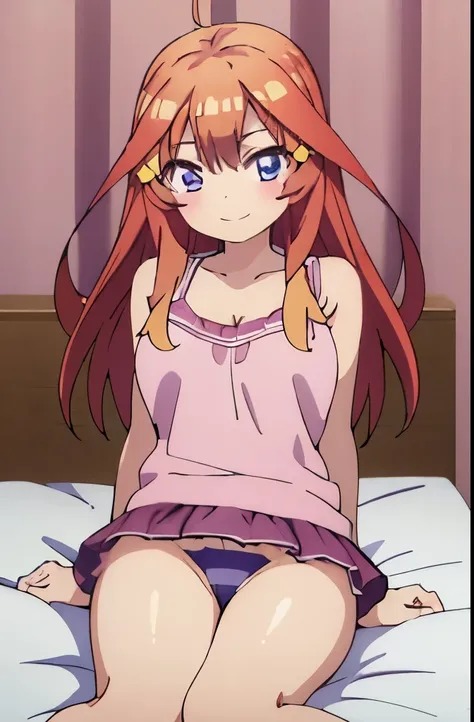 ((masterpiece)), ((best quality)), (ultra-detailed), anime style, on the bed, a cute girl, 1girl, solo, smile, underwear00