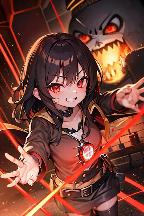 Megumin, red glowing eyes, smug smile, black hair with a red stribe, steampunk outfit