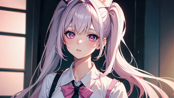 one girl, very beautiful face, beautiful eyes, detailed eyes, detailed face, detailed hair, masterpiece, anime girl, pink eyes, silver hair, kawaii, two pony tails, very young, big , pixiv, illustration, very high quality, masterpiece, , pink cheeks, looks...