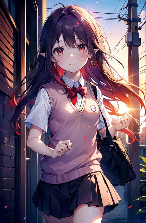 yuukikonno, Yuki Konno, hair band, Long Hair, Pointy Ears, Purple Hair, (Red eyes:1.5), (Small breasts:1.2), smile,White Y-shirt,Sweater vest, (紫色 Sweater vest:1.5),,Short sleeve,Purple pleated skirt,black tights,Brown Loafers,Toast in the mouth, running, ...