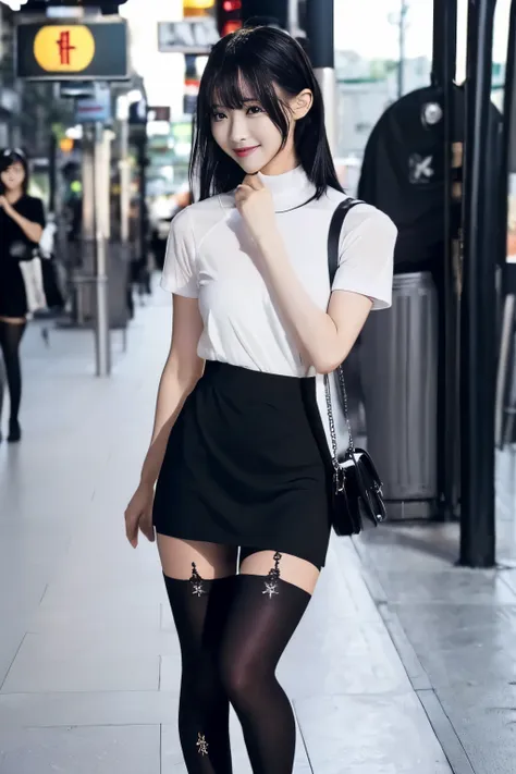 (light black tights、covers the entire foot、black stockings、30 denier:1.8),(slender woman、slender),(busty),age 25、young japanese ...