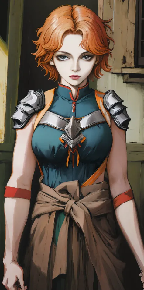 funger, very detailed illustration, 1girl, big breasts, high res high quality, masterpiece, looking at viewer, (knight), orange hair, absurdness, ultra-detailed, short hair