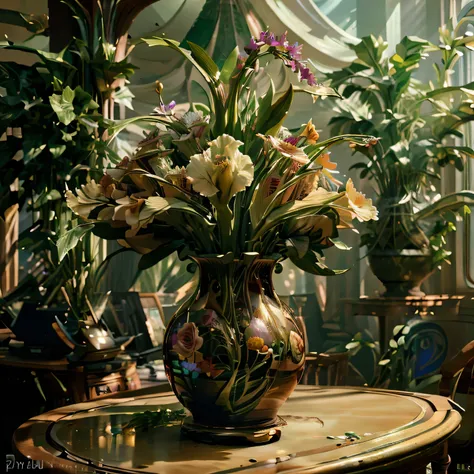 best quality, masterpiece, ultra high res, (photorealistic: 1.4), absurd,
iris blooms in the vase, fanciful creature,
 circuitbo...