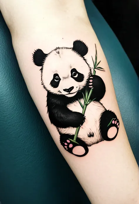 minimalist cute panda tattoo at the arm, detalied, photorealistic