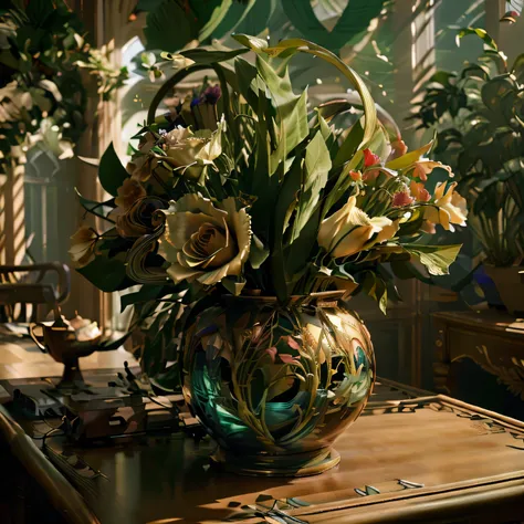 best quality, masterpiece, ultra high res, (photorealistic: 1.4), absurd,
iris blooms in the vase, fanciful creature,
 circuitbo...