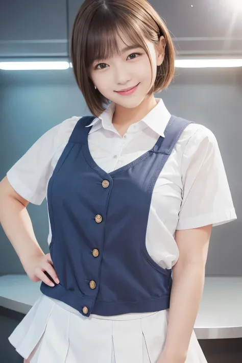 highest quality, masterpiece, Ultra-high resolution, (Reality: 1.4), Original photo, One girl, mature, White JK Uniform, happy smile, short hair,  large chest , plump body, button gap:1.35, Cinema Lighting, 