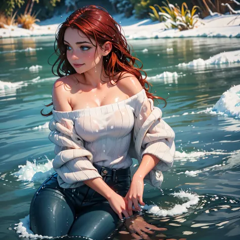 29 yo canadian woman standing in the water, layered clothing, (pullover), (off the shoulder), (cotton pants), bright clothes, glistening wet, closeup fantasy with water magic, beautiful maiden, curvy body, chilly, auburn hair, cold water pond, sunlight, sm...