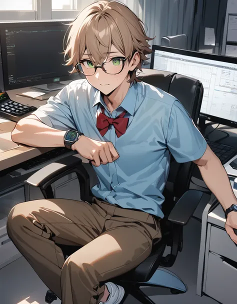 masterpiece, best quality, male focus, solo solo focus 1boy, glasses, light brown hair, medium hair, green eyes, freckles, cute face, accountant, red bowtie, light blue shirt, short sleeves, brown pants, wristwatch, white sneakers, office backdrop, desktop...