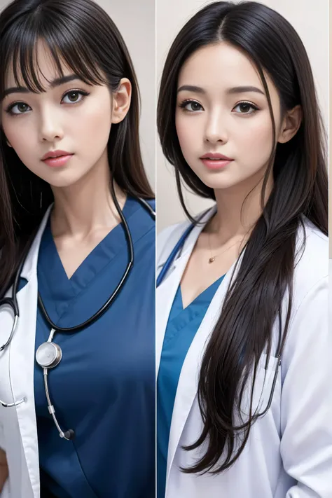 Realistic beautiful doctor、Stunningly beautiful、Doctor&#39;s white coat, Collared shirt、(Top quality、8K、32K、masterpiece、North African Trade Zone:1.3)、Ultra-high resolution,(Reality:1.4),Original Photography, Detailed face,,Beautiful hair, ((Doctor style)),...