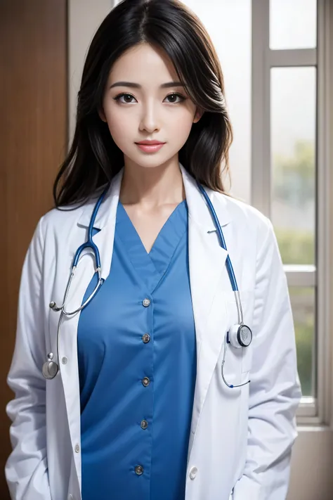 Realistic beautiful doctor、Stunningly beautiful、Doctor&#39;s white coat, Collared shirt、(Top quality、8K、32K、masterpiece、North African Trade Zone:1.3)、Ultra-high resolution,(Reality:1.4),Original Photography, Detailed face,,Beautiful hair, ((Doctor style)),...