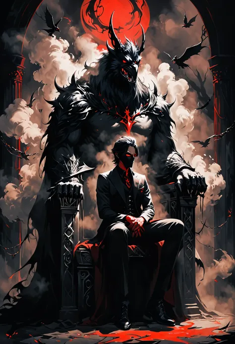 in style of Harry Clark,Chernobog,between_fingers,(crossed_legs:1.3),(the dim sun:1.4),hand_gesture,full_shot,breathing fog,wind,sit on the throne,1 bird pet,(dark, shadow, intense shadow, black:1.3),red glowing eyes,