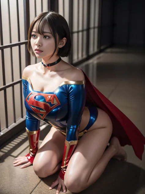 masterpiece、Supergirl Costume、short hair、barefoot、Big and ample breasts、Crisis situation、Complete surrender、prison、In a cage、Feeling of abuse、Kneel、Sweaty、Shiny、looking at the camera、Seduce、choker、Long sleeve、red sexy pose、POW camps、Humiliating、Off the sho...