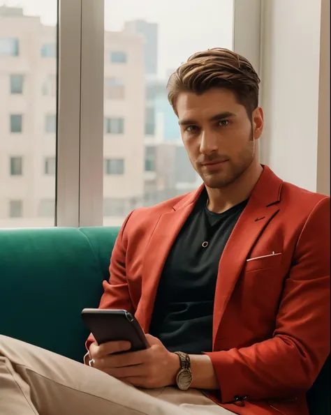 4k uhd picture of handsome 35 year old desirable caucasian man with distinguished features, ((sitting on a couch, looking down at the phone in his hand)), ((wearing a red blazer)), (intriguing green eyes, no facial hair), seductive smile with a gentle expr...