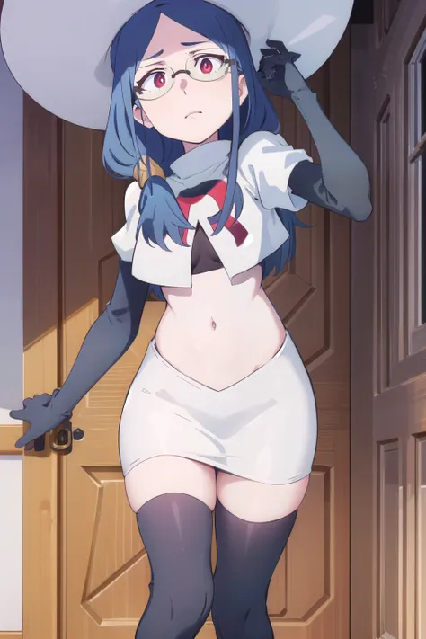 (((pixel-perfect, detail-perfect))), solo, 1girl, ursula callistis, witch, looking at viewer, glasses, team rocket,team rocket uniform,white skirt,red letter R,crop top,black thigh-highs,black elbow gloves, witch hat