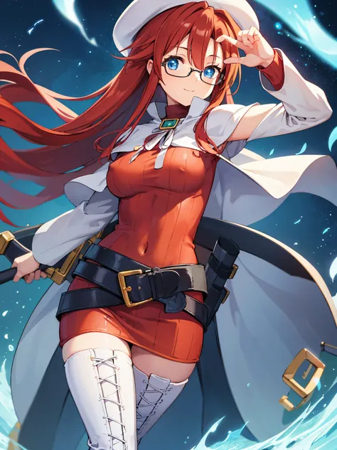 summonnightaty, aty, long hair, blue eyes, red hair, beret, hat, glasses,
BREAK long hair, thighhighs, hat, dress, boots, glasses, belt, cape, sweater, zettai ryouiki, beret, thigh boots, white footwear, ribbed sweater, loose belt,solo,
BREAK outdoors, fan...