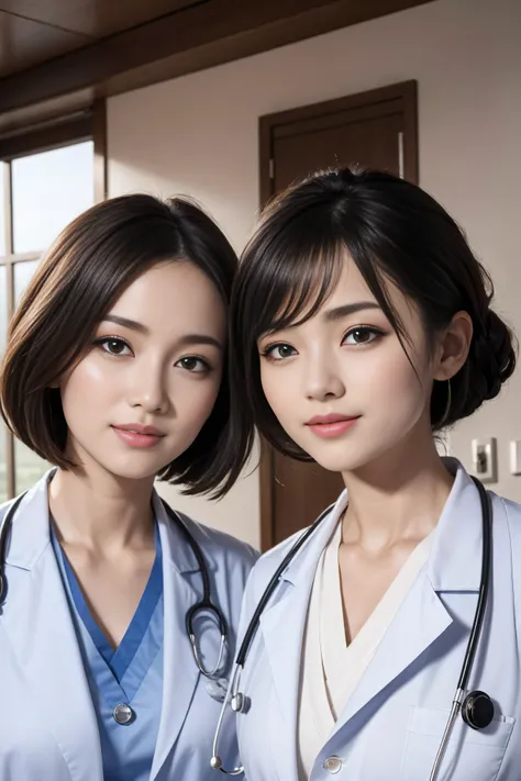 Realistic beautiful doctor、Stunningly beautiful、Doctor&#39;s white coat, Collared shirt、(Top quality、8K、32K、masterpiece、North African Trade Zone:1.3)、Ultra-high resolution,(Reality:1.4),Original Photography, Detailed face,,Beautiful hair, ((Doctor style)),...