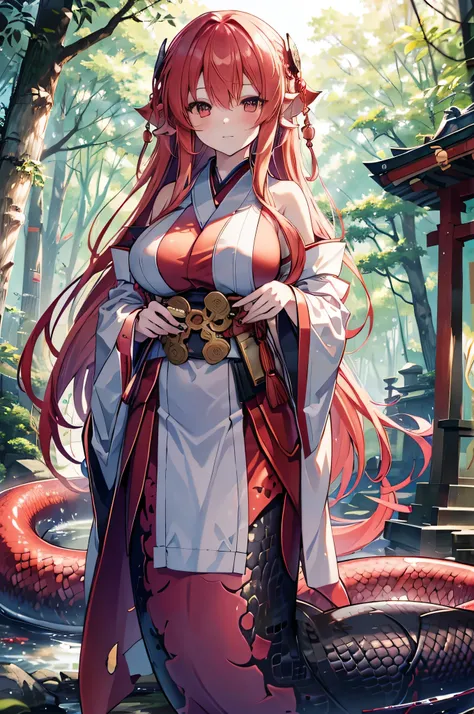 4k,High resolution,One Woman,lamia,Red Hair,long hair,Big Breasts,Shrine maiden,White Shrine maiden outfit,Detachable sleeve,in the forest