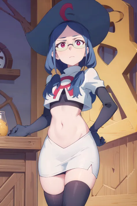 (((pixel-perfect, detail-perfect))), solo, 1girl, ursula callistis, witch, looking at viewer, glasses, team rocket,team rocket uniform,white skirt,red letter R,crop top,black thigh-highs,black elbow gloves, witch hat