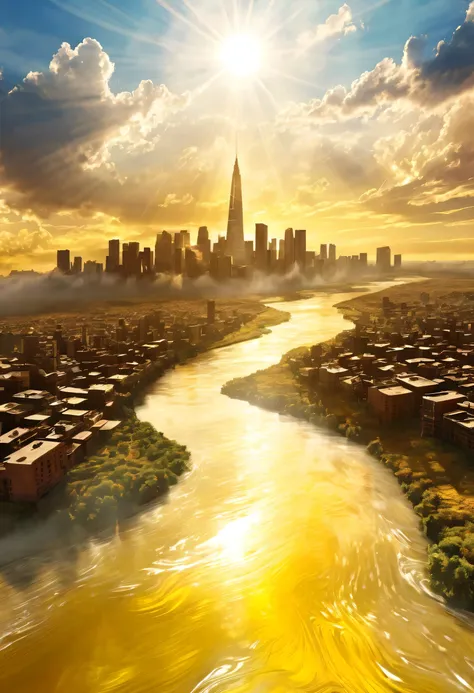 Surreal digital artwork of a mysterious cityscape rising into the sky, The clouds dispersed，The bright sun, Tyndall effect，Sunlight，The Yellow River flows on the ground