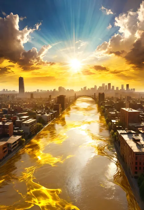 Surreal digital artwork of a mysterious cityscape rising into the sky, The clouds dispersed，The bright sun, Tyndall effect，Sunlight，The Yellow River flows on the ground