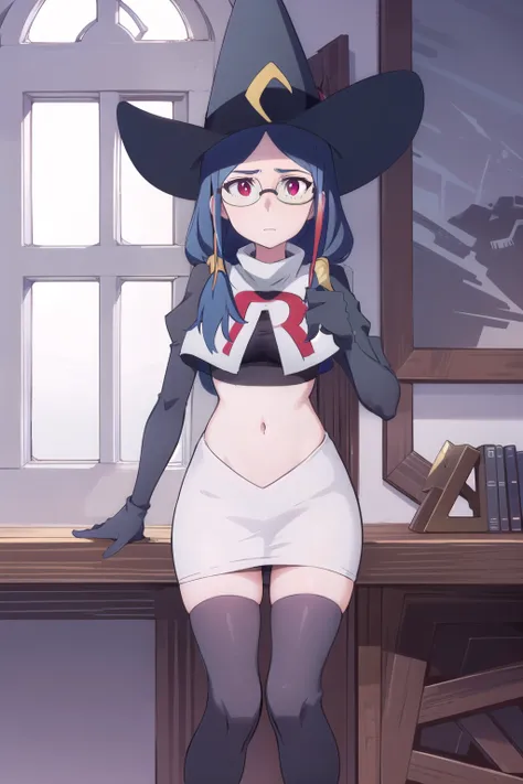 (((pixel-perfect, detail-perfect))), solo, 1girl, ursula callistis, witch, looking at viewer, glasses, team rocket,team rocket uniform,white skirt,red letter R,crop top,black thigh-highs,black elbow gloves, witch hat