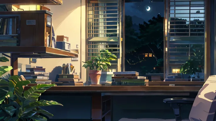 A stylish room with a bookshelf and a desk、coffee、Foliage plant、night、moonlight、shinkai makoto