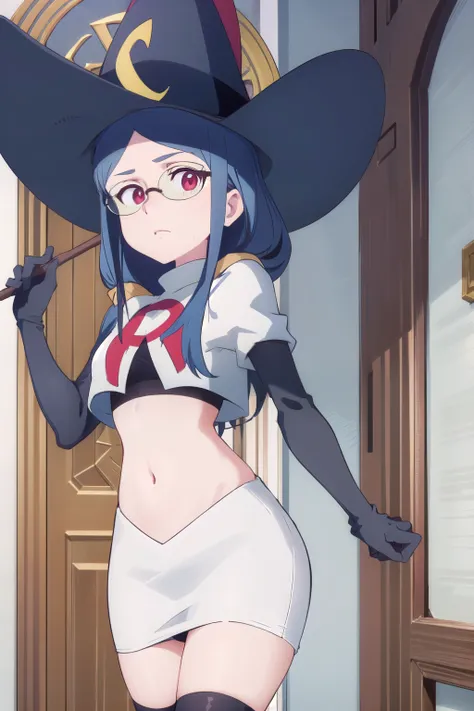 (((pixel-perfect, detail-perfect))), solo, 1girl, ursula callistis, witch, looking at viewer, glasses, team rocket,team rocket uniform,white skirt,red letter R,crop top,black thigh-highs,black elbow gloves, witch hat